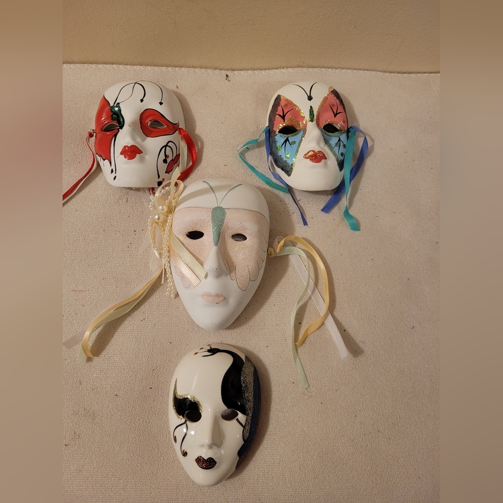 4 Porcelain Vintage Mardi Gras Jester Porcelain Masks Masquerade Wall Art.